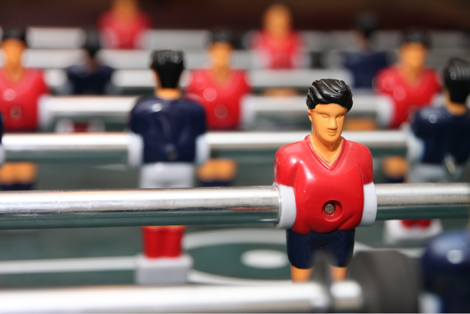 a closeup shot of foosball board